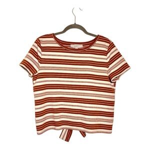 LOFT Brown Cream Striped Tie Back Cropped Tee Top Medium